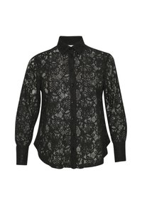 Zwarte blouse met lange mouwen van kant, versierd met bloemenpatronen, knoopsluiting aan de voorkant en een kraag. Kenmerkt zich door een gebogen zoom en een gestructureerde afwerking.