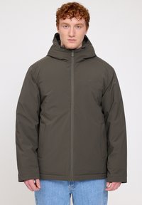 Olive green hooded jacket with a front zipper, side pockets, and a sleek, smooth fabric finish. Minimalist logo on the chest.