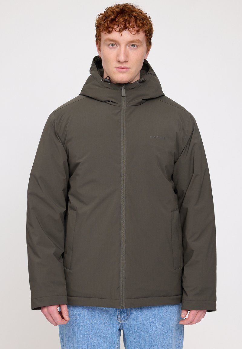 Olive green hooded jacket with a front zipper, side pockets, and a sleek, smooth fabric finish. Minimalist logo on the chest.