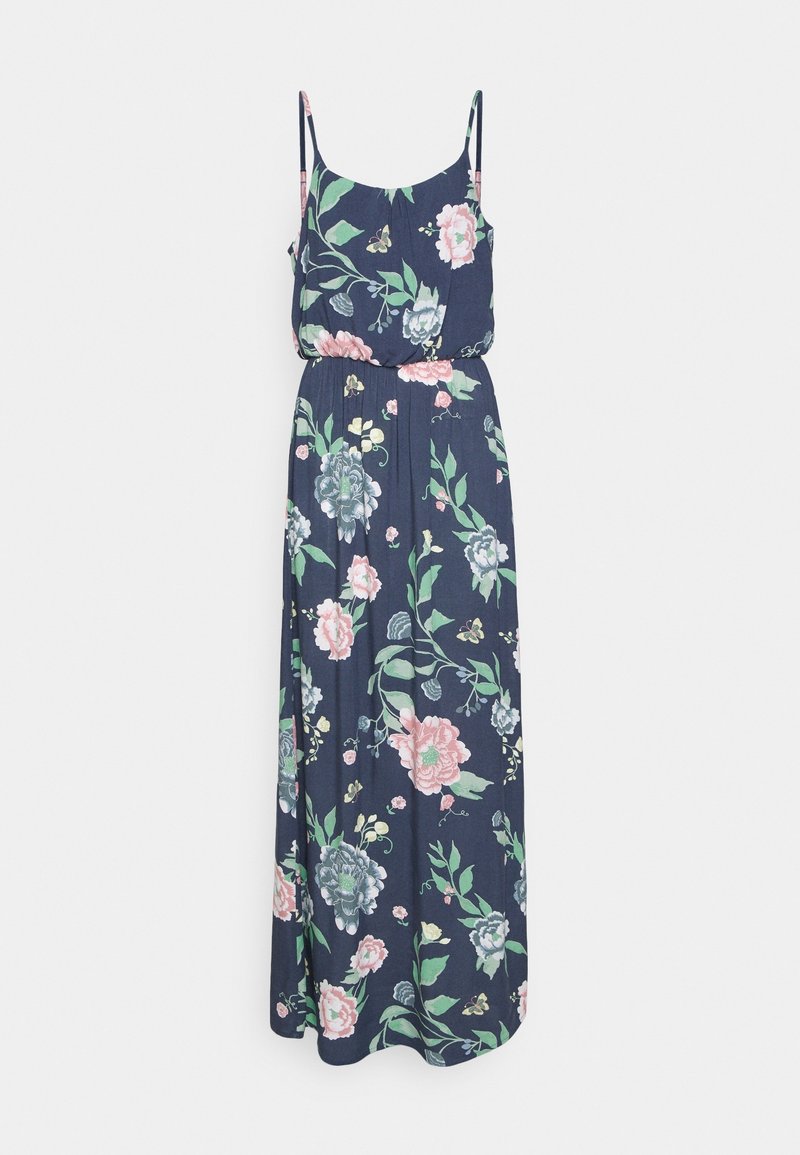 Robe maxi en tissu marine avec un motif floral en rose, vert et gris. Bretelles spaghetti et taille élastique pour un ajustement décontracté.