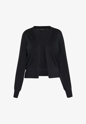Sort ribbet cardigan med lange ærmer og åben front. Blød tekstur, tætsiddende silhuet og cropped længde. Simpelt design uden pynt.