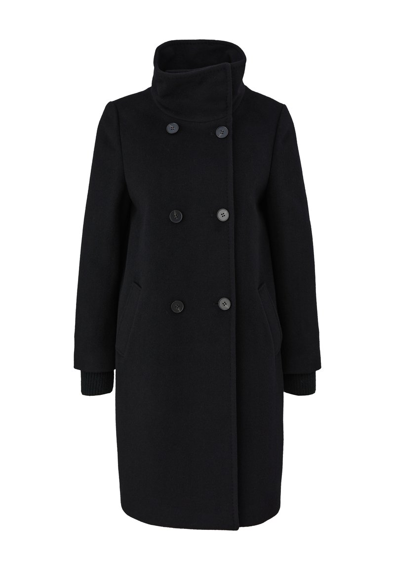 Manteau en laine noir avec un col haut, design à double boutonnage, six boutons, poches latérales et poignets côtelés aux manches.