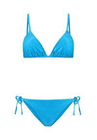 Modri bikini komplet, ki vključuje trikotni zgornji del z nastavljivimi naramnicami in dno s stranskimi zavezavami, izdelan iz gladkega, lahkega materiala.