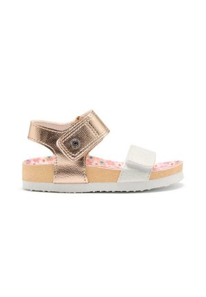 Sandalias metálicas en bronce con tira blanca, plantilla texturizada y suela interna con estampado floral colorido. Detalles de hebilla y cierre de Velcro.