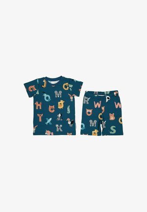 Børns blå sæt med kortærmet skjorte og shorts med farverige dyre- og alfabetbogstavmønstre.