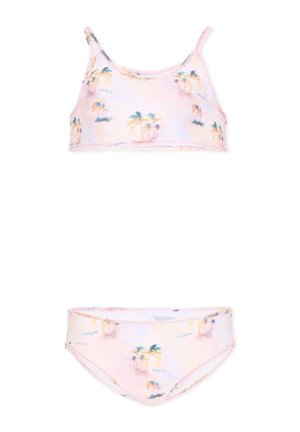 Costume da bagno due pezzi per bambini in rosa pastello con piccole stampe di palme, composto da top corto e slip coordinati.