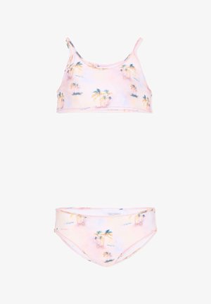 Maillot de bain deux pièces pour enfants en rose pastel avec de petits imprimés de palmiers, comprenant un crop top et un slip assorti.