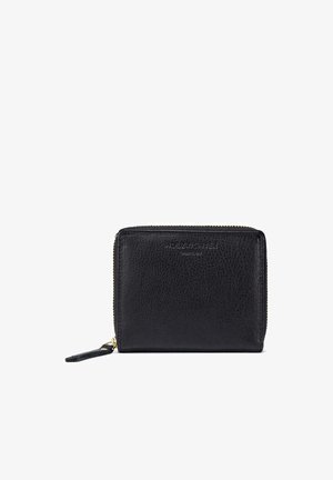 Black leather wallet with a textured finish, zip closure, and gold-tone hardware. Features a logo embossed on the front. Compact design.