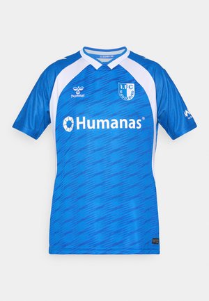 Blau-weiße Fußballtrikot des 1. FC Magdeburg mit Sponsor-Logos, hummel-Branding und strukturiertem Stoffmuster.