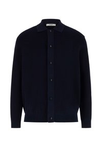 Cardigan blu navy realizzato in morbido tessuto a maglia, con collo a camicia, apertura frontale con bottoni e maniche lunghe con polsini a coste.