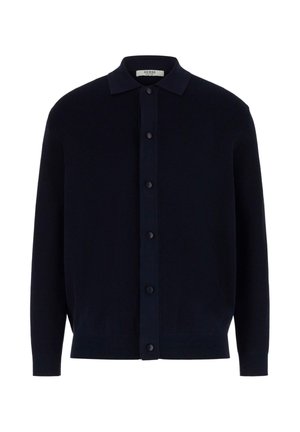 Cardigan blu navy realizzato in morbido tessuto a maglia, con collo a camicia, apertura frontale con bottoni e maniche lunghe con polsini a coste.