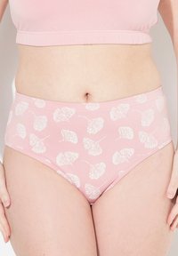 Rosa Baumwollunterwäsche mit einem weißen Blattmuster, einem weichen elastischen Bund und einem hochgeschnittenen Design.
