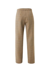 Pantalons taille haute, coupe large en tissu à carreaux texturé marron, vus de dos avec une taille droite.