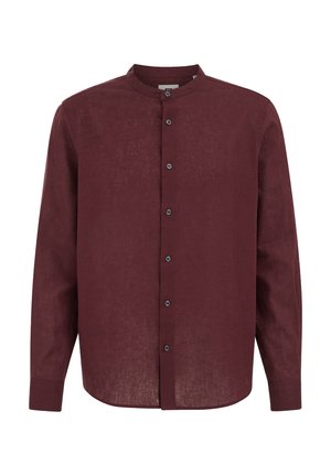 Camicia di lino bordeaux a maniche lunghe con colletto alla coreana e bottoni neri sul davanti, esposta su sfondo bianco.