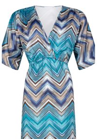 Leichtes Kleid mit tiefem V-Ausschnitt, kurzen Ärmeln und taillierter Taille. Hat ein Zickzackmuster in Blau-, Braun- und Weißtönen.