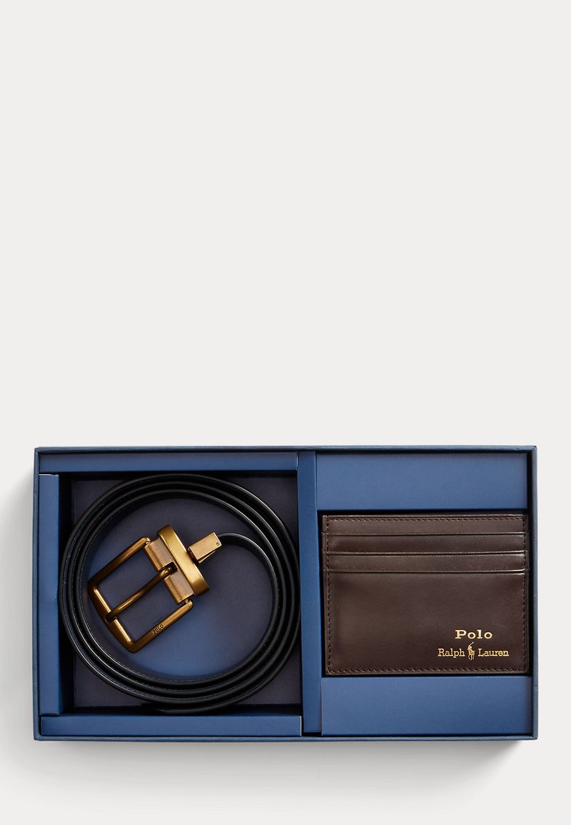 Black leather belt with gold buckle and brown leather Polo Ralph Lauren cardholder in blue gift box.