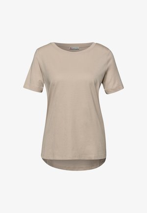 T-shirt beige à manches courtes pour femmes avec encolure ronde et ourlet incurvé, design uni, étiquette "Street One" à l'intérieur du col.