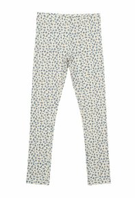 Leggings floreali in crema con un motivo a fiori blu. Realizzati in tessuto elasticizzato e leggero, con una forma attillata e una vita elastica.