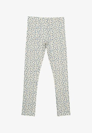 Krém színű virágmintás leggings, kék virágokkal. Rugalmas, könnyű anyagból készült, testhezálló fazonnal és gumiövrével.