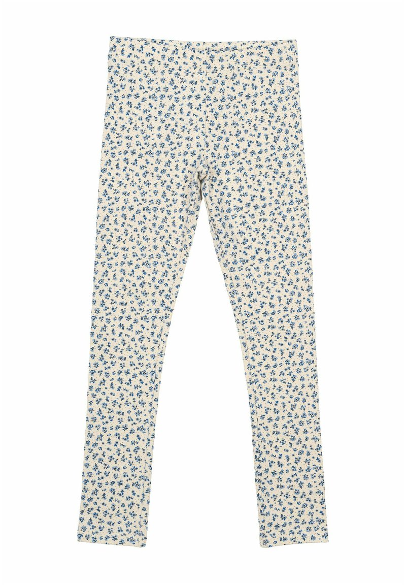 Leggings floreali in crema con un motivo a fiori blu. Realizzati in tessuto elasticizzato e leggero, con una forma attillata e una vita elastica.