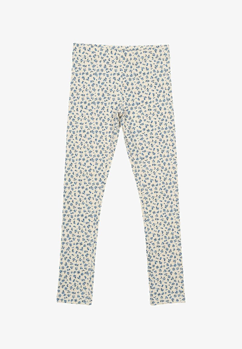 Cvečne legice v kremni barvi z modrim cvetličnim vzorcem. Narejene so iz raztegljivega in lahkega materiala, s prilagojeno obliko in elastičnim pasom.