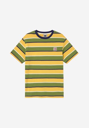 Kortærmet crewneck T-shirt med vandrette striber i gul, grøn, hvid og mørkeblå, med en lille blomsterbrodering på brystet.
