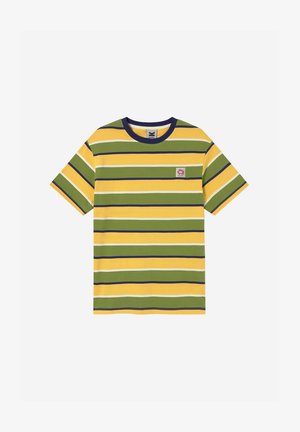 Kortærmet crewneck T-shirt med vandrette striber i gul, grøn, hvid og mørkeblå, med en lille blomsterbrodering på brystet.