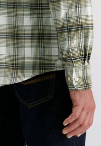 Groen en witte geruite overhemdd met lange mouwen, met een afgeronde zoom en knopenmanchetten, gedragen met donkerdenim jeans.