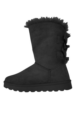 Schwarzer Wildleder-Winterstiefel bis zur Mitte der Wade mit flauschigem Innenfutter und zwei dekorativen Schleifen auf der Rückseite.
