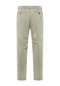 Lichtgroene corduroy broek met een rechte snit, twee achterzakken met zwarte knopen en een zachte, gestructureerde afwerking.