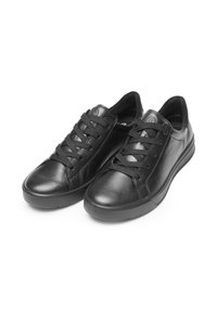 Black leather sneakers with round toe, textured upper, and flat laces. Features a cushioned sole and subtle branding on the tongue.