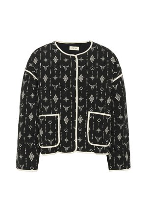 Veste matelassée noire avec motif tribal blanc, dotée de deux poches avant et de garnitures ivoire le long des bords. Encolure arrondie, coupe décontractée.