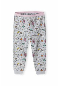 Pantalons de jogging gris pour enfants avec un motif coloré d'unités, de fusées et d'étoiles, dotés d'une taille élastique rose étiquetée "Minoti."