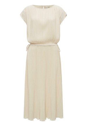 Lysebeige, plisseret midi-kjole med korte ærmer, taljeret med bindebånd og rund halsudskæring med lukning bagpå med knap.