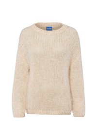 Beige gestrickter Pullover mit rundem Halsausschnitt, langen Ärmeln und lockerer Passform. Hergestellt aus weichem, strukturiertem Stoff, mit einem dezenten offenen Gewebe.