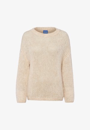 Beige gestrickter Pullover mit rundem Halsausschnitt, langen Ärmeln und lockerer Passform. Hergestellt aus weichem, strukturiertem Stoff, mit einem dezenten offenen Gewebe.