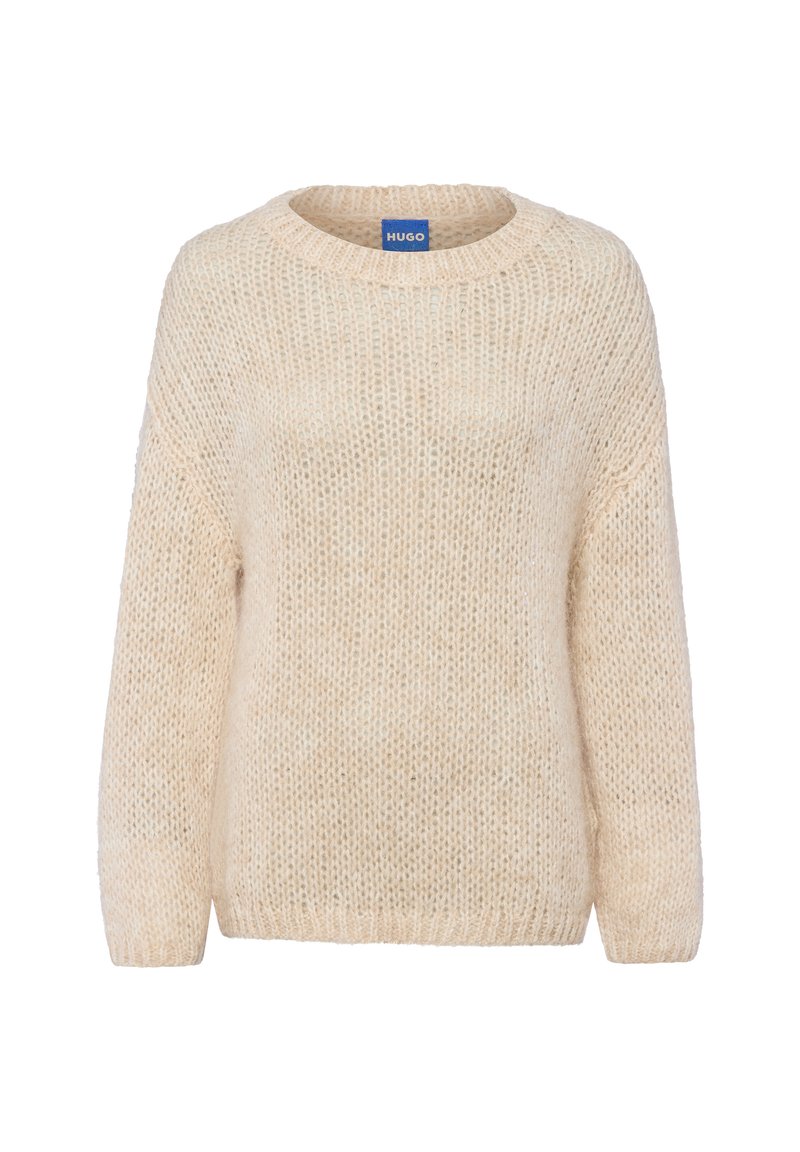 Beige gestrickter Pullover mit rundem Halsausschnitt, langen Ärmeln und lockerer Passform. Hergestellt aus weichem, strukturiertem Stoff, mit einem dezenten offenen Gewebe.