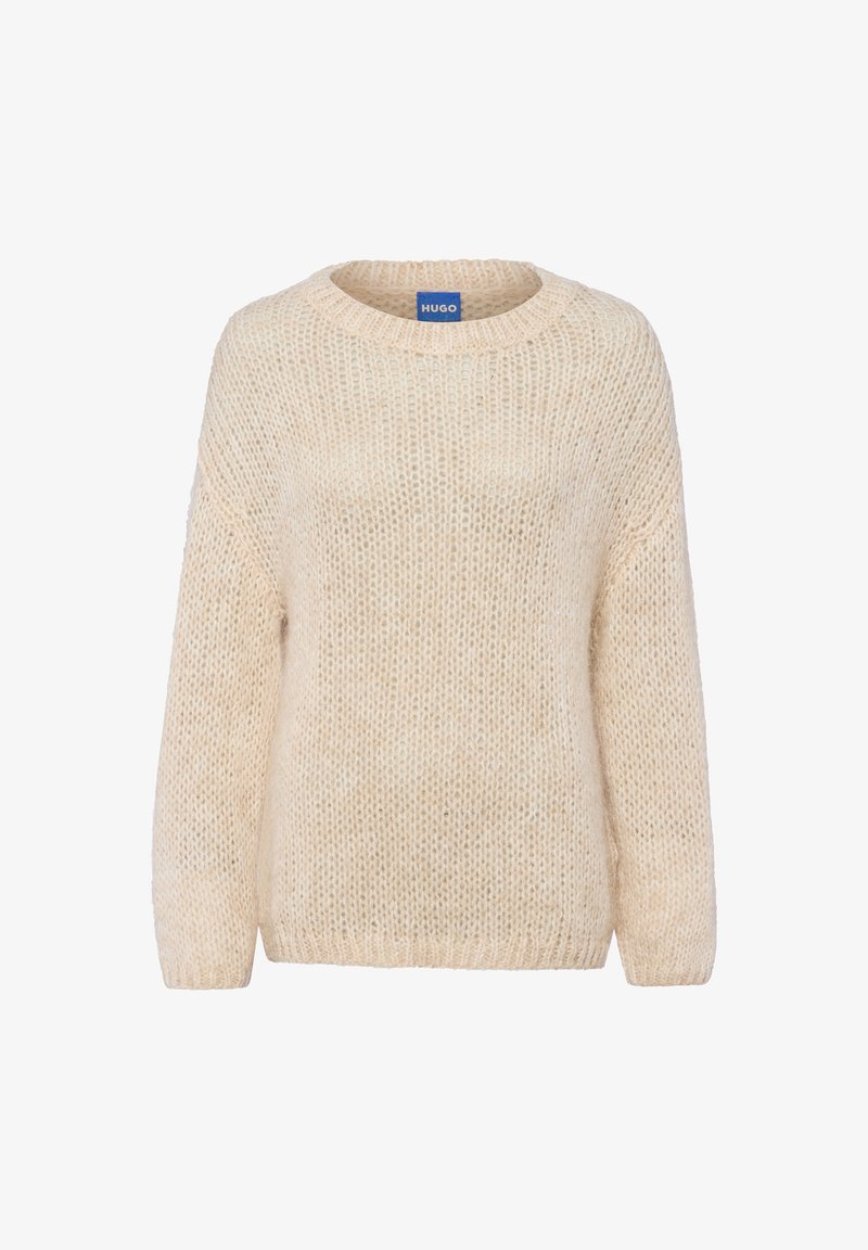 Beige gestrickter Pullover mit rundem Halsausschnitt, langen Ärmeln und lockerer Passform. Hergestellt aus weichem, strukturiertem Stoff, mit einem dezenten offenen Gewebe.