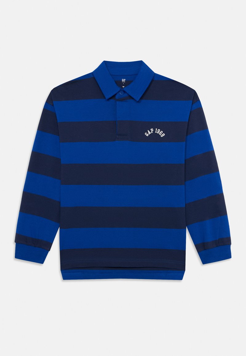 Μπλούζα πόλο με μακρύ μανίκι σε ναυτικό και μπλε ρίγες, με γιακά, κουμπάκια και κείμενο "GAP 1969" στο αριστερό στήθος.