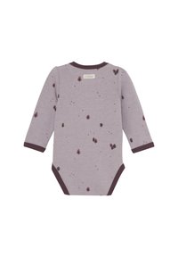 Langsleeve baby rompertje in licht lavendel met een boomprint, voorzien van donkere paarse afwerking en drukknoopjes onderaan.