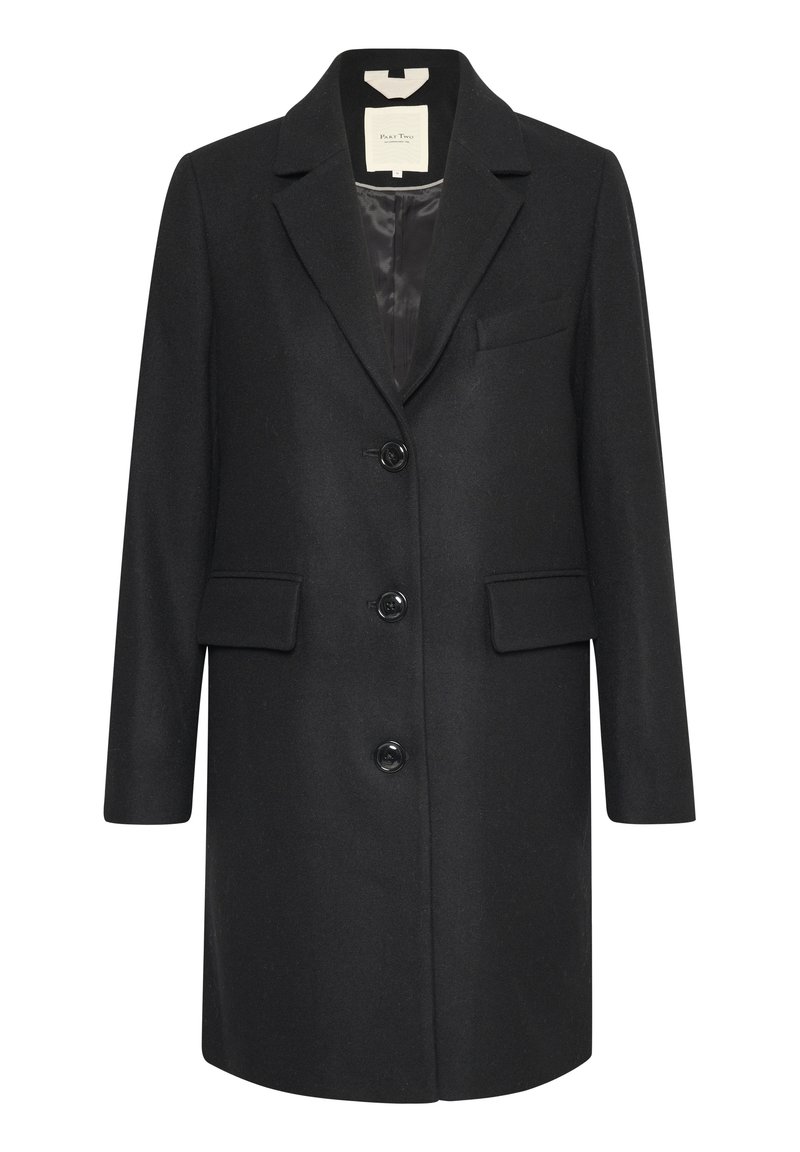 Zwarte wollen jas met een notch-revers, vier knopen, twee voorzakken en een gladde binnenvoering. Klassieke rechte pasvorm en minimale details.