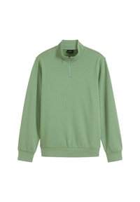 Felpa leggera verde chiaro con zip a quarti, realizzata in tessuto morbido, con maniche lunghe e polsini ed orlo elasticizzati.