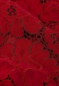 Tissu rouge orné de motifs floraux en dentelle, avec des pétales pleins et des découpes en résille créant un motif texturé brodé.