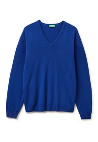Blauer V-Ausschnitt-Pullover aus weichem Strickstoff. Lange Ärmel mit gerippten Bündchen und Saum. Glatte Textur; einfarbig ohne Muster oder Akzente.