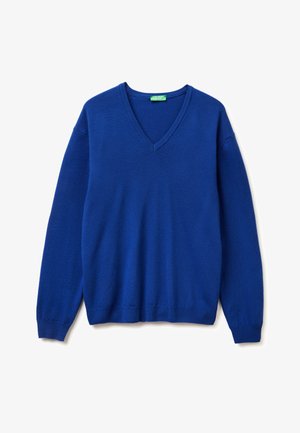 Maglioncino blu a v realizzato in soffice tessuto a maglia. Maniche lunghe con polsini e orlo a costine. Texture liscia; colore uniforme senza motivi o decorazioni.