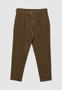 Pantaloni marroni a sigaretta con vita alta e cintura. Realizzati in un tessuto morbido con pieghe frontali e tasche laterali. Design minimalista.