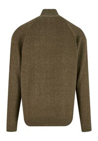 Olive green sweater with a mock collar, raglan sleeves, and a textured finish. Ribbed cuffs and hem, featuring subtle sparkles throughout.