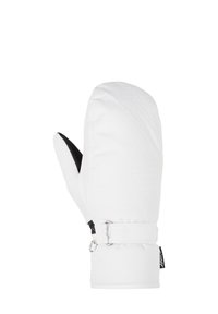 Weißer isolierter Handschuh mit einem strukturierten geometrischen Muster, schwarzer Handfläche und verstellbarem Handgelenkriemen mit einer metallischen Schnalle.