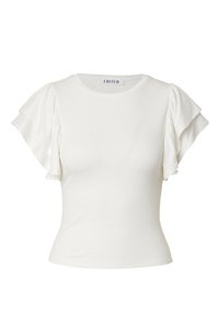 Weißes, geripptes T-Shirt mit kurzen, volantsäuerlichen Ärmeln und rundem Ausschnitt. Der Stoff hat eine glatte Textur und schmiegt sich eng an die Taille.
