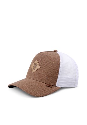 Braune Stoff-Baseballkappe mit weißem Netz-Rücken, diamantförmigem Logo-Patch vorne und kleinem rechteckigem Label an der Schirmseite.